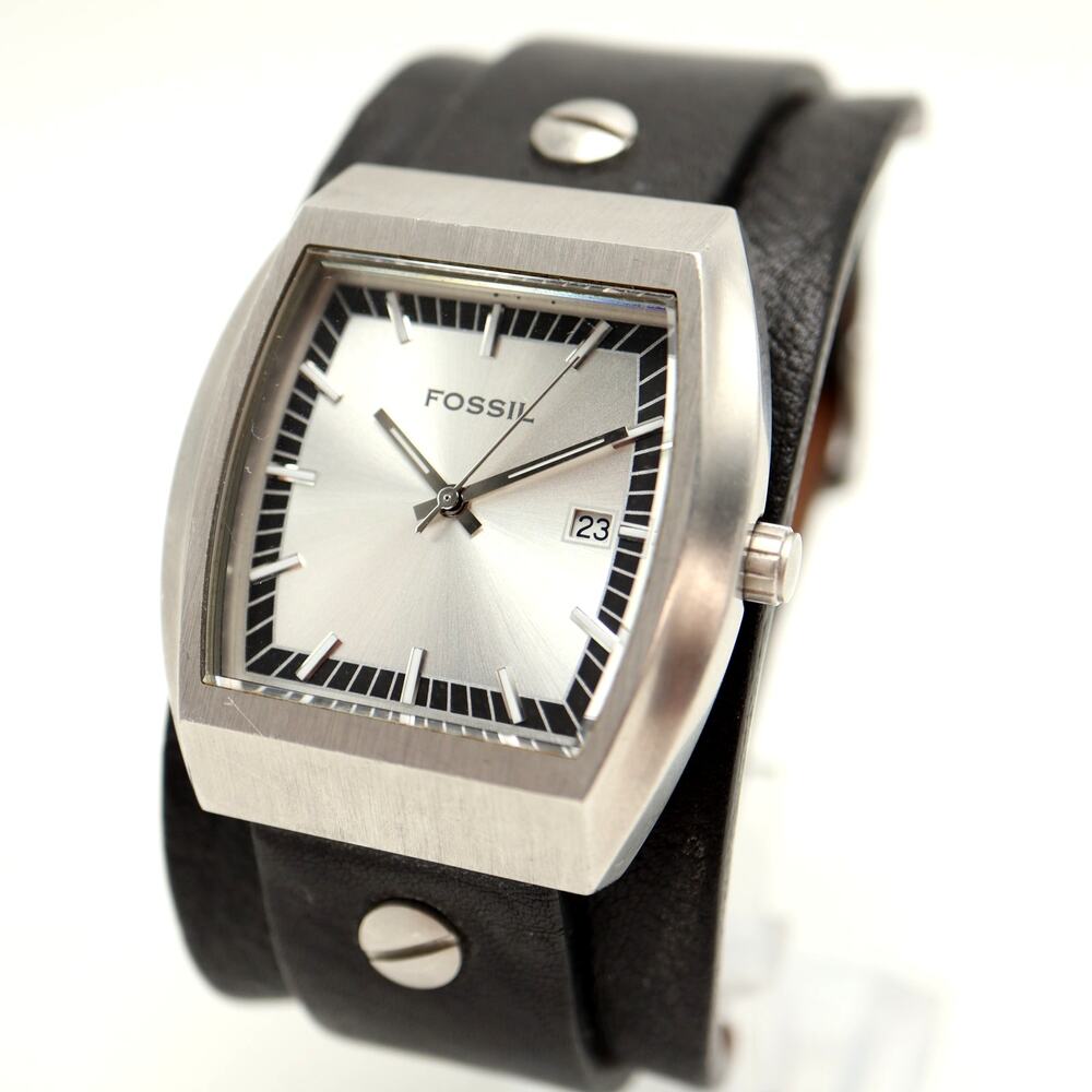 Vintage Fossil Y2k Silver Tone 38mm Date Watch Black Leather Bund w New Battery